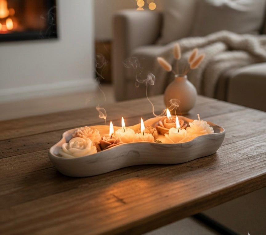 Handmade Jesmonite Wavy Bowl Candle | Marble Gray & White | Neutral Flower Candles | Luxury Home Decor Centerpiece