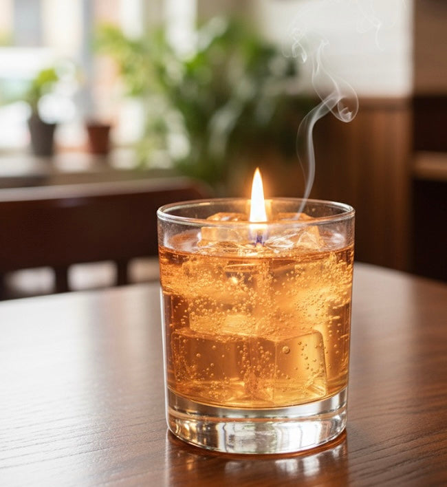 Realistic Whiskey Glass Gel Wax Candle – Amber Drink Design Decorative Tumbler 🥃✨