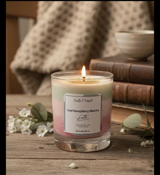 Iced Raspberry Matcha Latte Candle | Layered Artisan Candle with Wax Ice Cubes