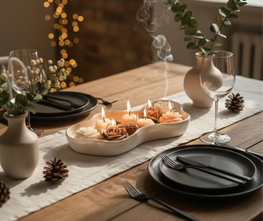 Handmade Jesmonite Wavy Bowl Candle | Marble Gray & White | Neutral Flower Candles | Luxury Home Decor Centerpiece