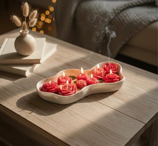 Handmade Jesmonite Wavy Bowl Candle | Marble Gray & White | Red Rose Flower Candles | Luxury Home Decor Gift