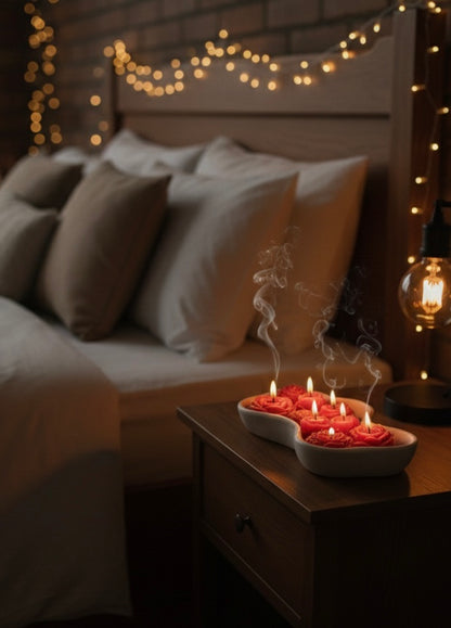 Handmade Jesmonite Wavy Bowl Candle | Marble Gray & White | Red Rose Flower Candles | Luxury Home Decor Gift