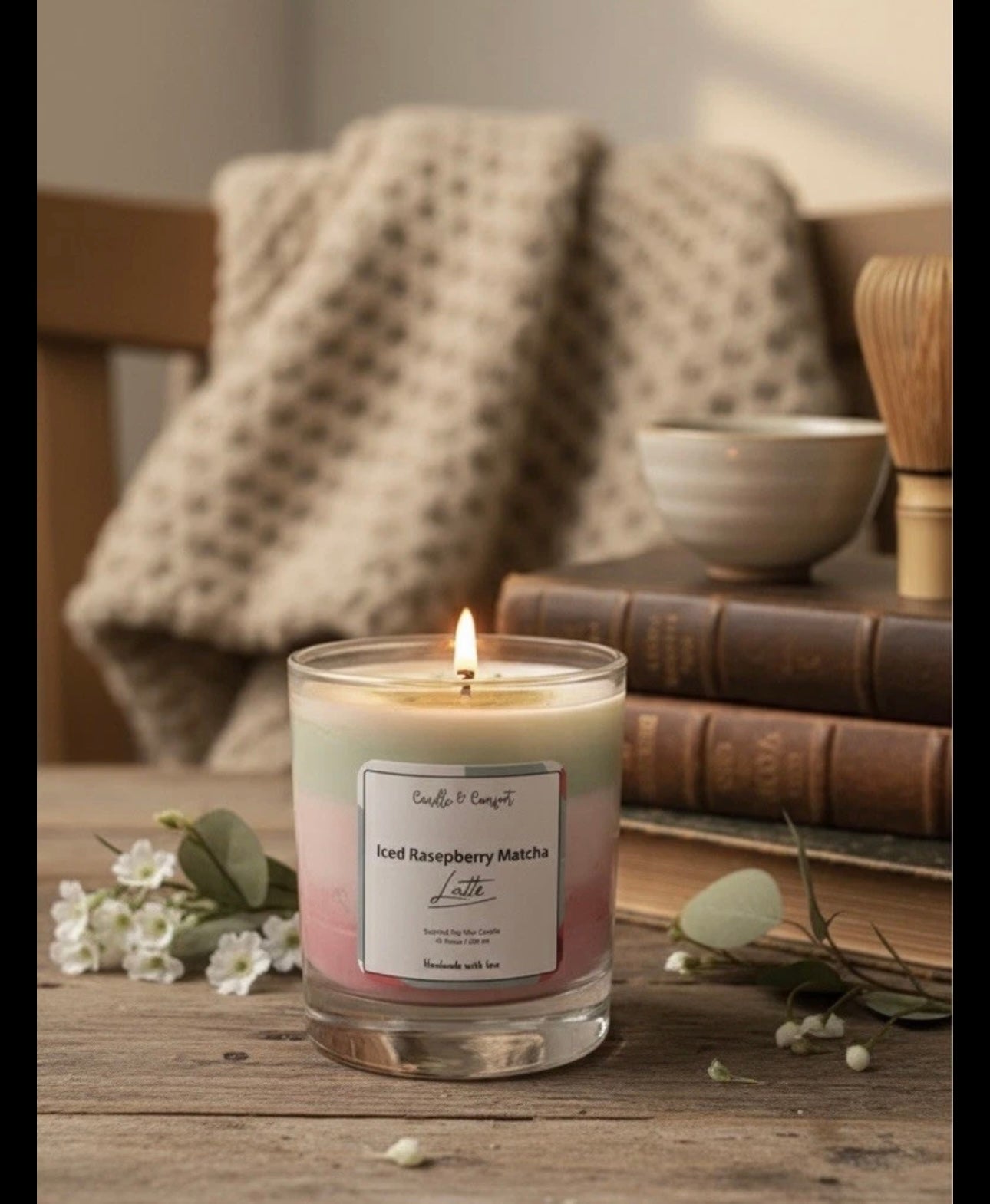 Iced Raspberry Matcha Latte Candle | Layered Artisan Candle with Wax Ice Cubes