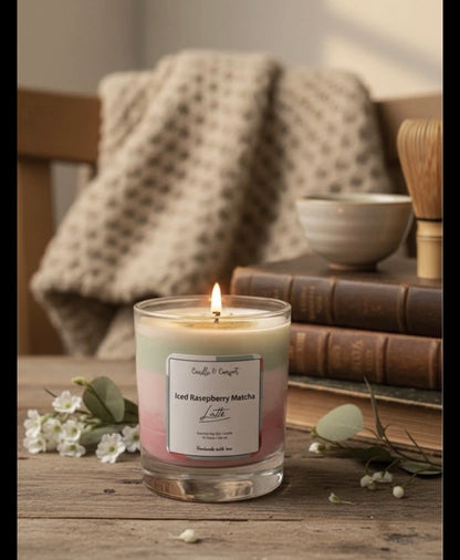 Iced Raspberry Matcha Latte Candle | Layered Artisan Candle with Wax Ice Cubes