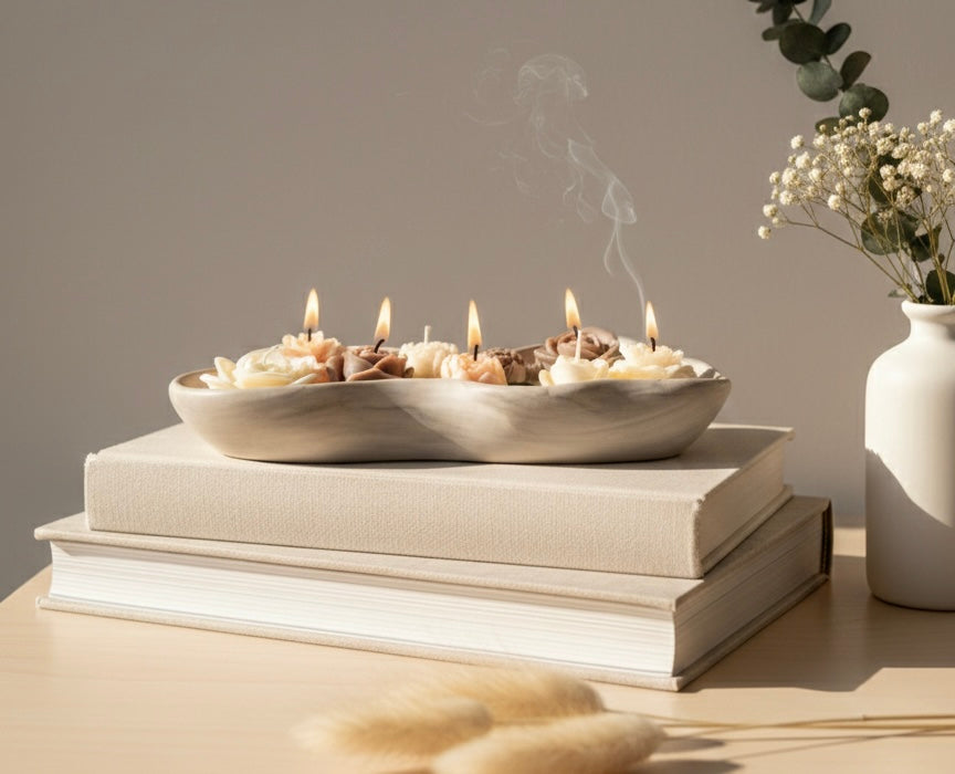 Handmade Jesmonite Wavy Bowl Candle | Marble Gray & White | Neutral Flower Candles | Luxury Home Decor Centerpiece