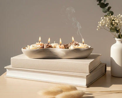 Handmade Jesmonite Wavy Bowl Candle | Marble Gray & White | Neutral Flower Candles | Luxury Home Decor Centerpiece