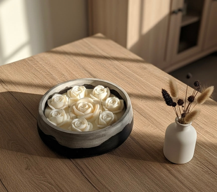 Handmade Luxury  Rose Candle | Artisan Black & Grey Stone Bowl
