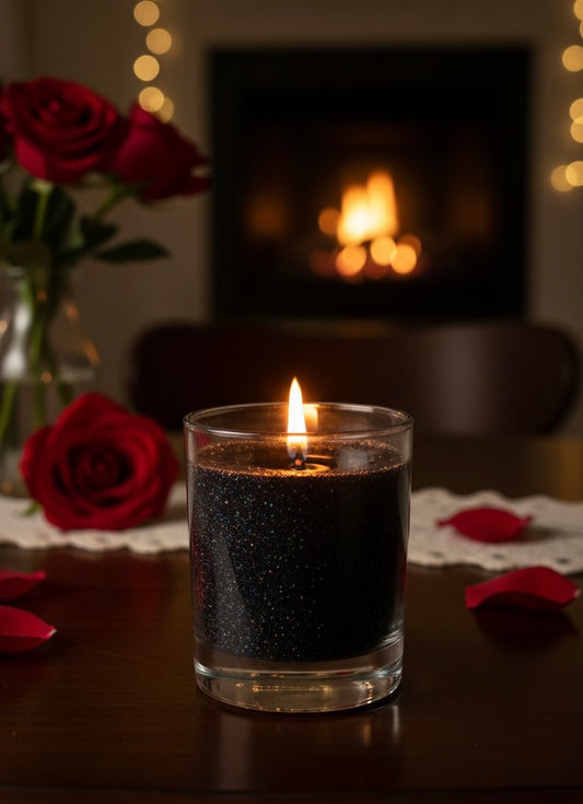 Black Glitter Gel Wax Candle - Shimmering Midnight Decor - Long Burning Clear Glass Votive