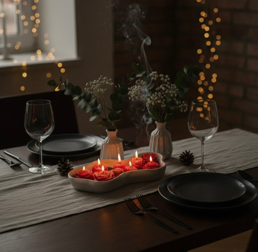 Handmade Jesmonite Wavy Bowl Candle | Marble Gray & White | Red Rose Flower Candles | Luxury Home Decor Gift