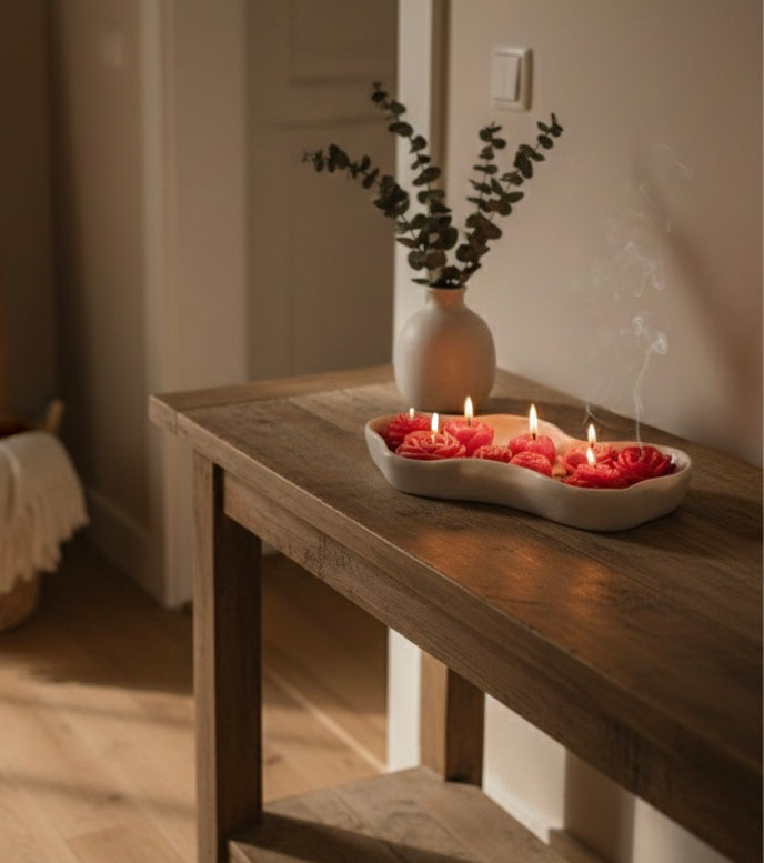 Handmade Jesmonite Wavy Bowl Candle | Marble Gray & White | Red Rose Flower Candles | Luxury Home Decor Gift