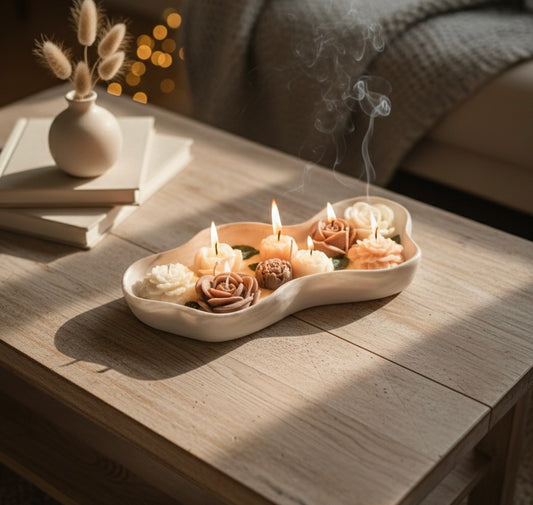 Handmade Jesmonite Wavy Bowl Candle | Marble Gray & White | Neutral Flower Candles | Luxury Home Decor Centerpiece