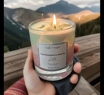 Iced Raspberry Matcha Latte Candle | Layered Artisan Candle with Wax Ice Cubes