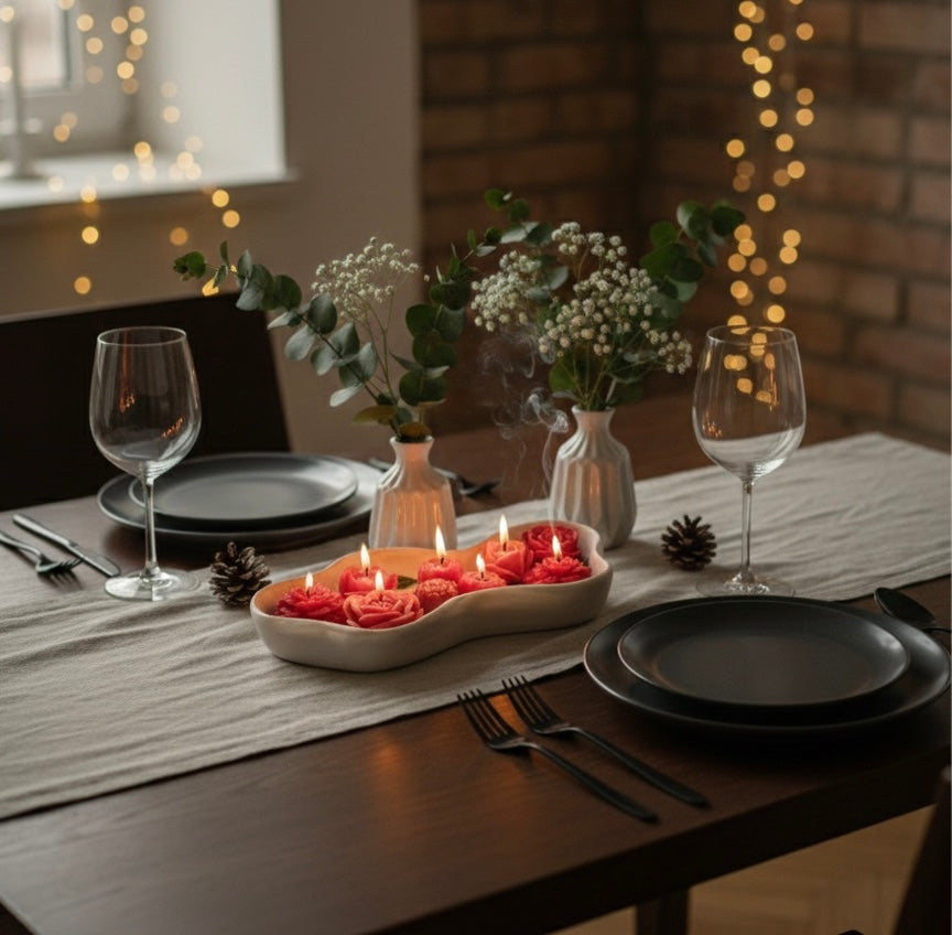 Handmade Jesmonite Wavy Bowl Candle | Marble Gray & White | Red Rose Flower Candles | Luxury Home Decor Gift