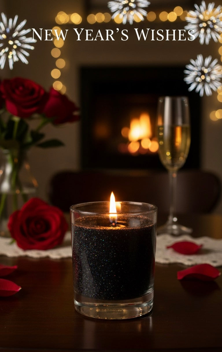 Black Glitter Gel Wax Candle - Shimmering Midnight Decor - Long Burning Clear Glass Votive