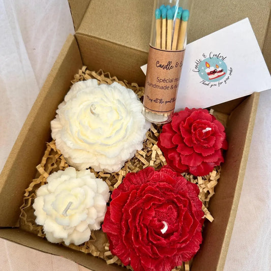 Set of 4 scented red and white flowers candles perfumed home decoration with bottle of watches gift