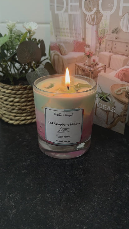 Iced Raspberry Matcha Latte Candle | Layered Artisan Candle with Wax Ice Cubes