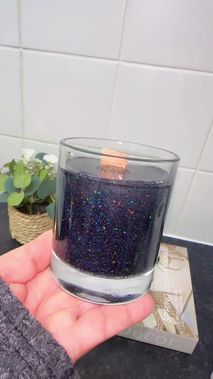 Black Glitter Gel Wax Candle - Shimmering Midnight Decor - Long Burning Clear Glass Votive